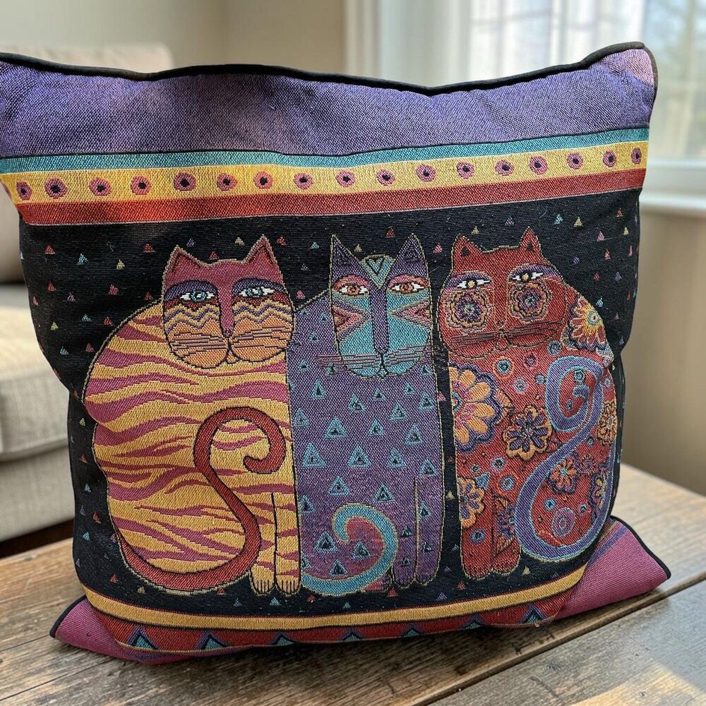 Laurel Burch Rectangular 17x17 Throw Pillow Three Cats Tapestry Collectible Rare